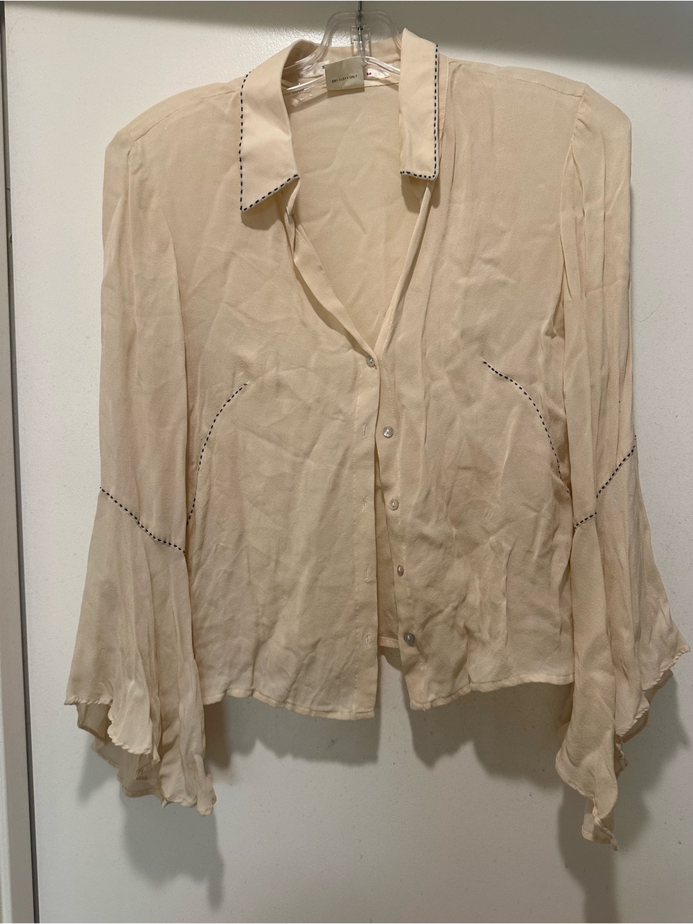 Studio M Cream Button-Down Blouse with Contrast Stitching
